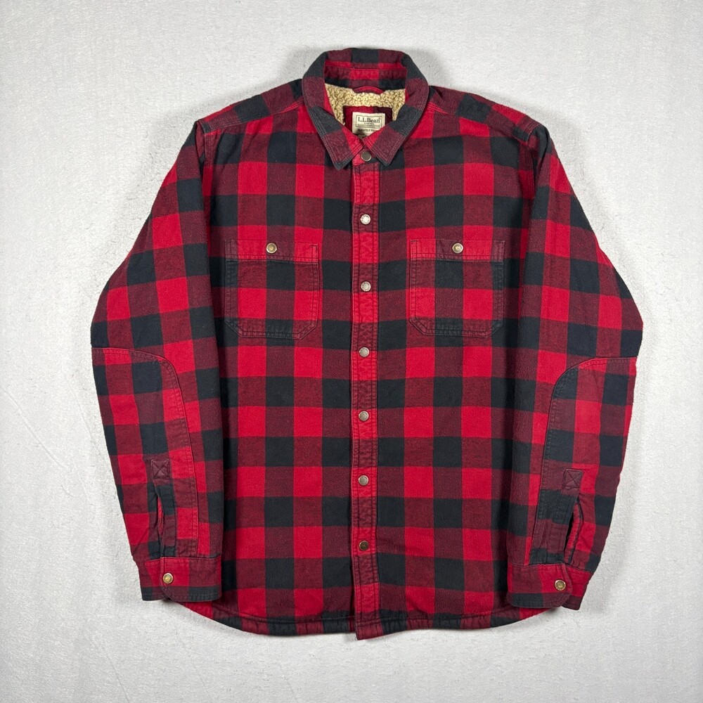 LL Bean Sherpa Lined Scotch Plaid Flannel Shirt Jacket Mens XL Red Buffalo Snap